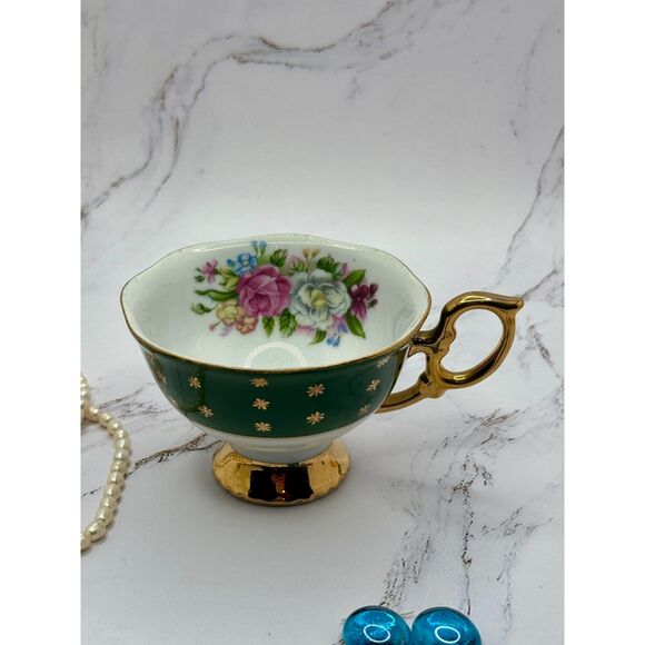 Shafford Japan Tea Cup & Saucer, vintage 1960s, Green with Gold, Floral Pattern - Picture 6 of 10